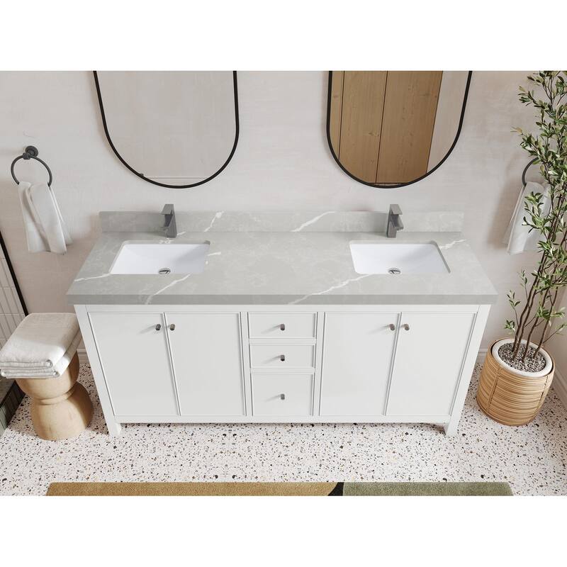 Willow Collections 72 in. W x 22 in. D Chicago Double Bowl Sink Bathroom Vanity with Countertop - 2” Pearl Gray - White