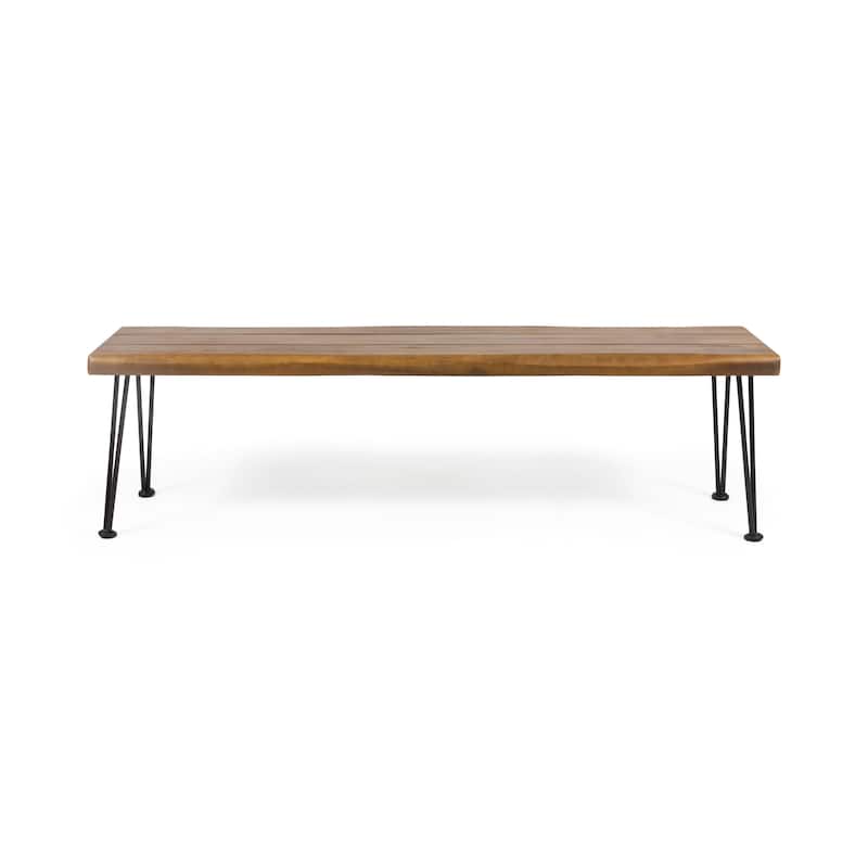 Christopher Knight Home Zion Outdoor Modern Industrial Acacia Wood Bench with Metal Hairpin Legs - Teak Finish + Rustic Metal