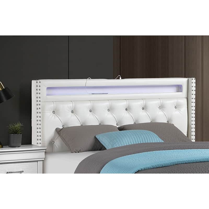 Contemporary Style 1pc Bed Set LED Light USB Port Nailhead Trim Tufted Headboard White Finish Bedroom Furniture