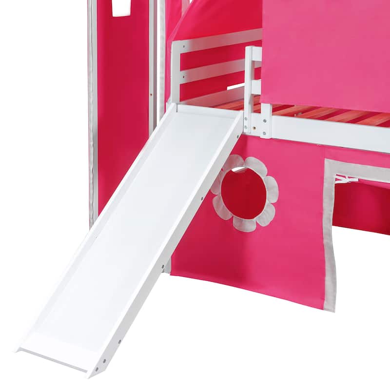 Playhouse Low Loft Bed with Slide, Pink Tent and Tower, Solid Pinewood Floor Bunk Bed Frame, Wooden Slats Support