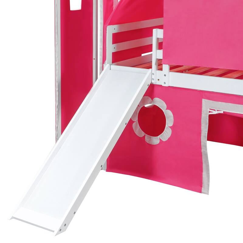 Twin Size Loft Bed with Slide Pink Tent and Tower