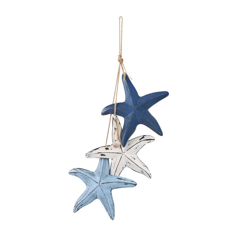 Blue Wooden Distressed Layered Starfish Home Wall Decor with Hanging Rope and Decorative Shell Accents