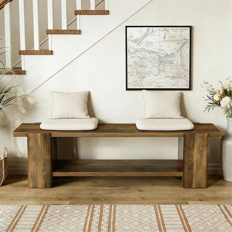 63 Inch Long Wooden Entryway Bench, End of Bed Bench with Storage Shelf - 13.39" D x 62.6" W x 17.32" H
