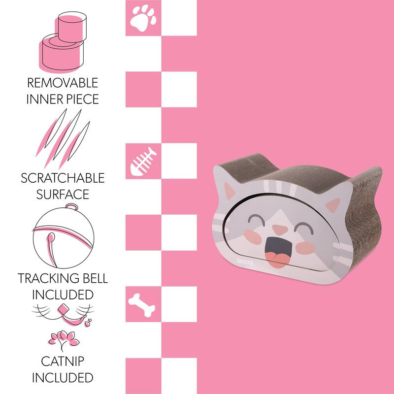 Opal 19" Modern Cardboard Happy Cat Head 2-in-1 Cat Cave Scratcher with Built-In Bell Toys and Catnip, Muted Pink/Cream