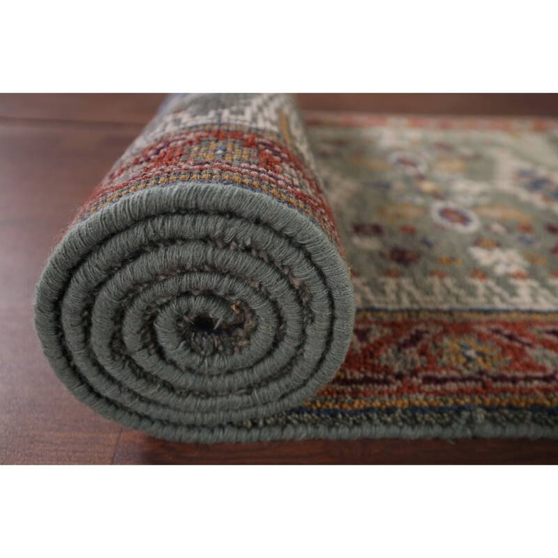 Green Geometric Viss Oriental Runner Rug Handmade Wool Carpet - 2'6"x 8'1"