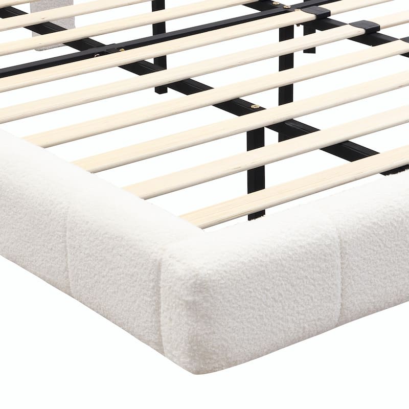 White Bouclé Floating Bed with Ambient Light