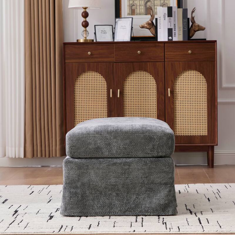 46" Wide Modern Upholstered Chenille Ottoman, Foot Stool Square Footrest with Black Metal Legs for Living Room, Bedroom