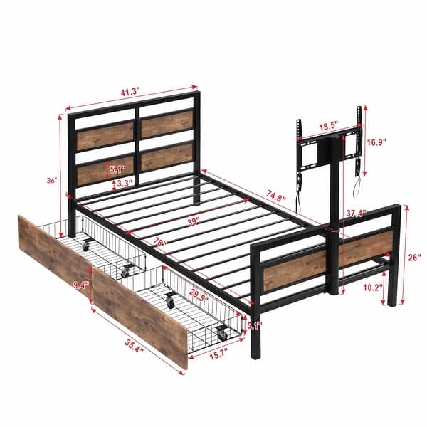 Twin Size Metal Platform Kids Bed Frame with Headboard, Two Storage Drawers, and Rotatable TV Stand for Bedroom, Black