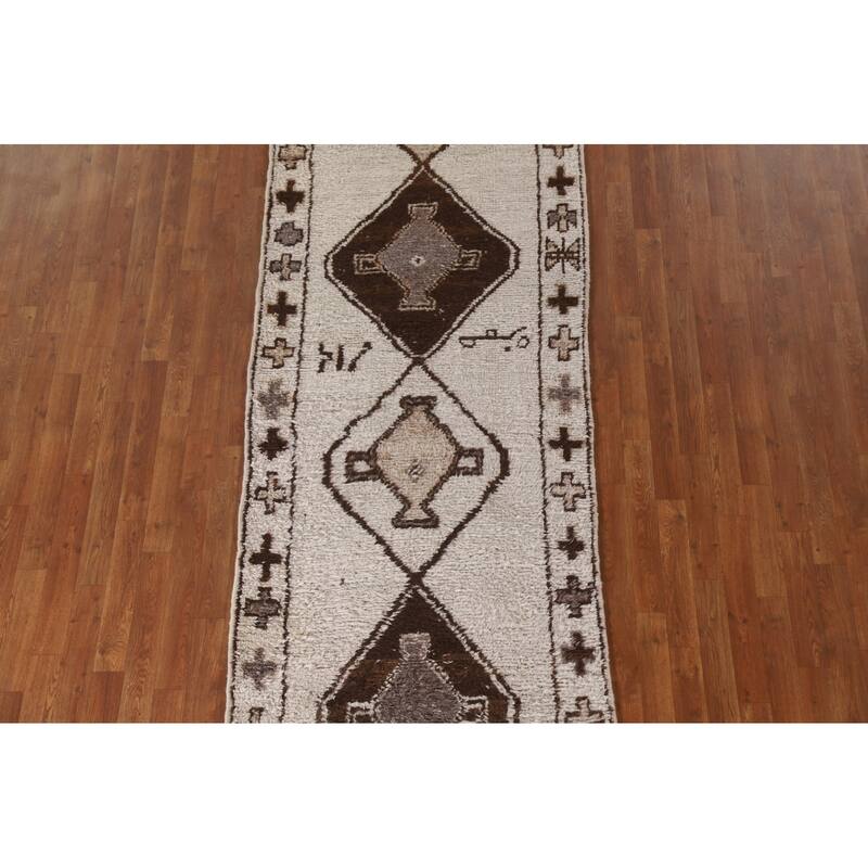Natural Dye Beige Anatolian Turkish Runner Rug Handmade Wool Carpet - 3'6"x 10'11"