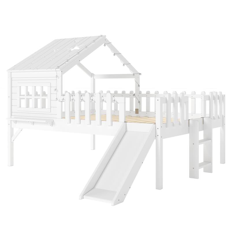 Full Size House Loft Bed with Slide,Playhouse Bed with Star Moon-shaped Designs and Window, Chic Design with LED Lights