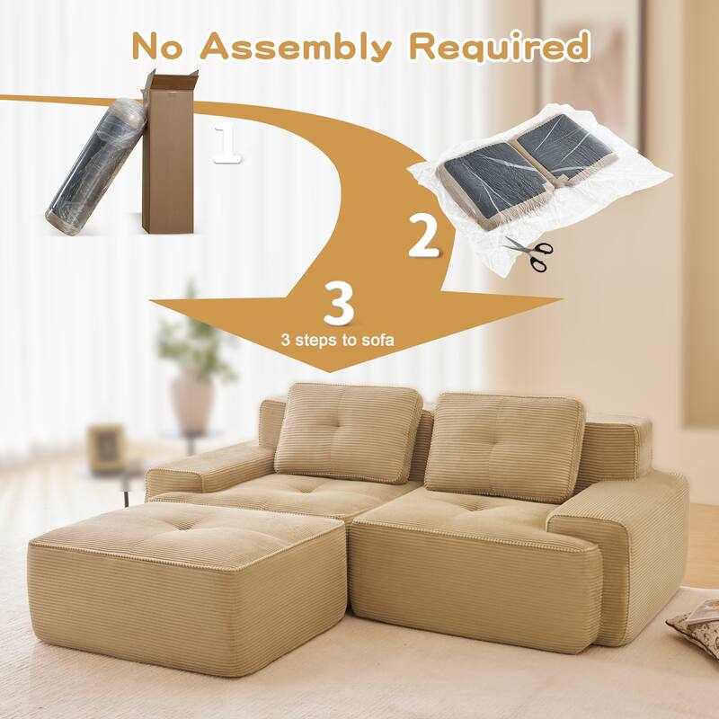 82" Tufted Sectional Sofa with Movable Ottoman, 2-Seater Corduroy Couch for Living Room, Floor Upholstered Leisure Loveseat