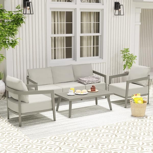 slide 2 of 7, EGEIROS LIFE NovaRest 4-Piece Aluminum Wicker Patio Conversation Set with 3-Seat Sofa, Coffee Table and Gray Cushions