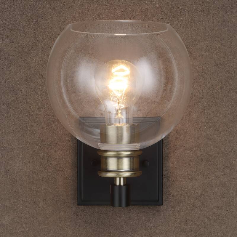 1-Light Wall Sconce with Round Glass Shades - 9.25" - Black and Antique Brass