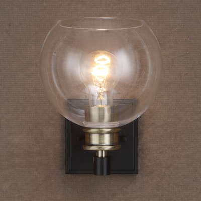 1-Light Wall Sconce with Round Glass Shades - 9.25" - Black and Antique Brass