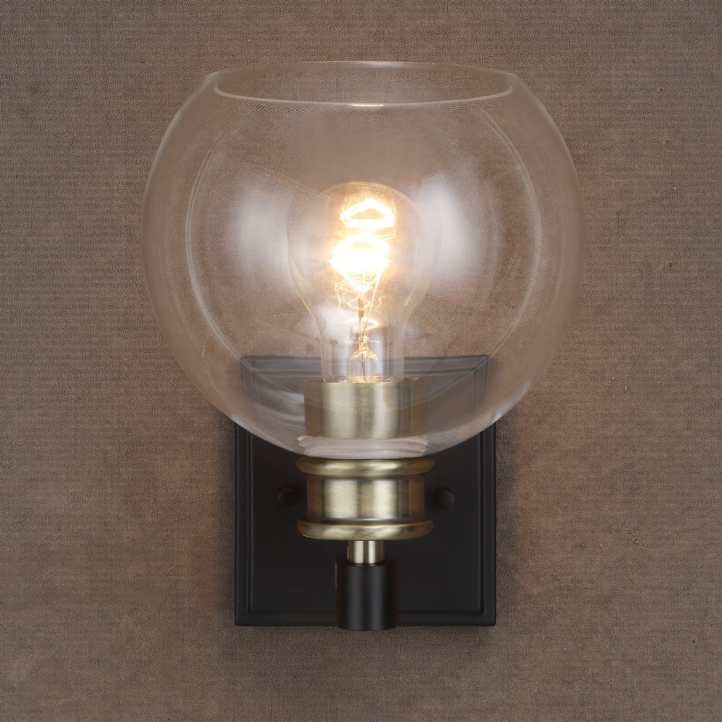 1-Light Wall Sconce with Round Glass Shades - 9.25" - Black and Antique Brass