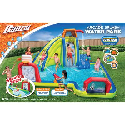 Banzai Inflatable Arcade Splash Water Park - Slide, Splash & Have a Blast! - SkeeBall Toss, Soccer & Basketball