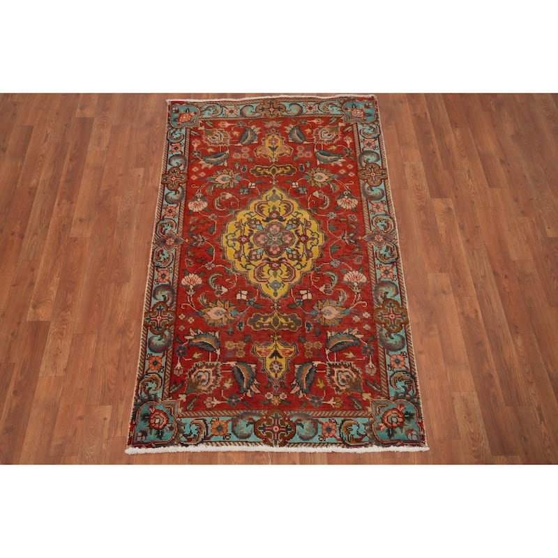 Hand Knotted Oriental 100% Wool Carpet Traditional Floral Red Tabriz Area Rug - 5' 2'' X 3' 1''