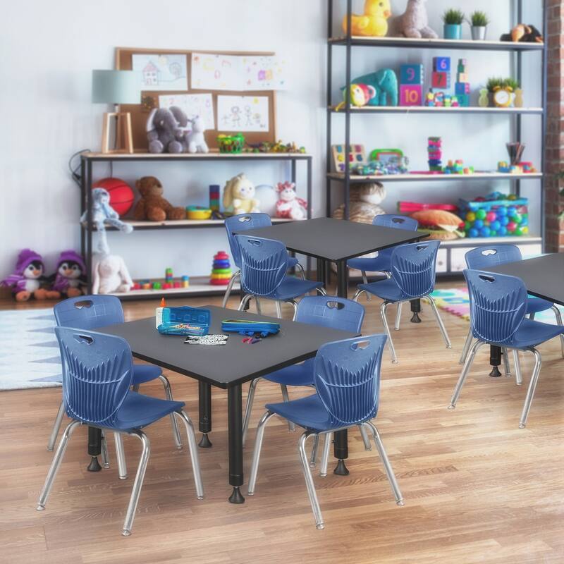 48 in. Square Height Adjustable Classroom Table - Grey & 4 12-in Stack Chairs- Navy Blue