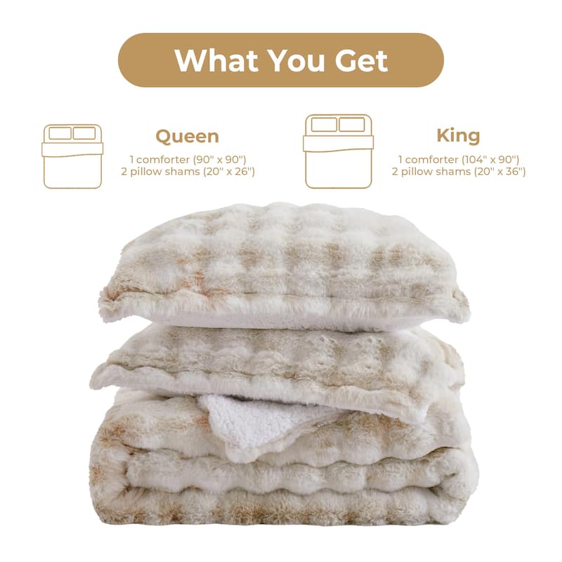 3 Pieces Fluffy Faux Rabbit Fur Comforter Set, Plush Fuzzy Bedding Set for Winter