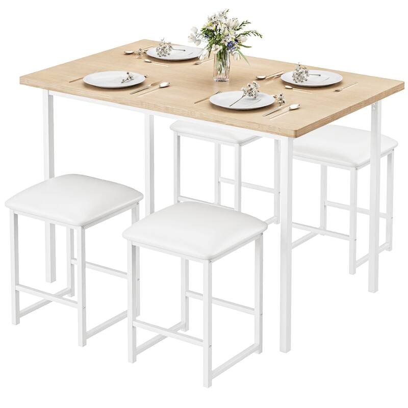 VECELO 5-Piece Dining Table Set with Black PU Leather Stools Space-Saving Rectangle Dining Set for Small Spaces Apartments - White