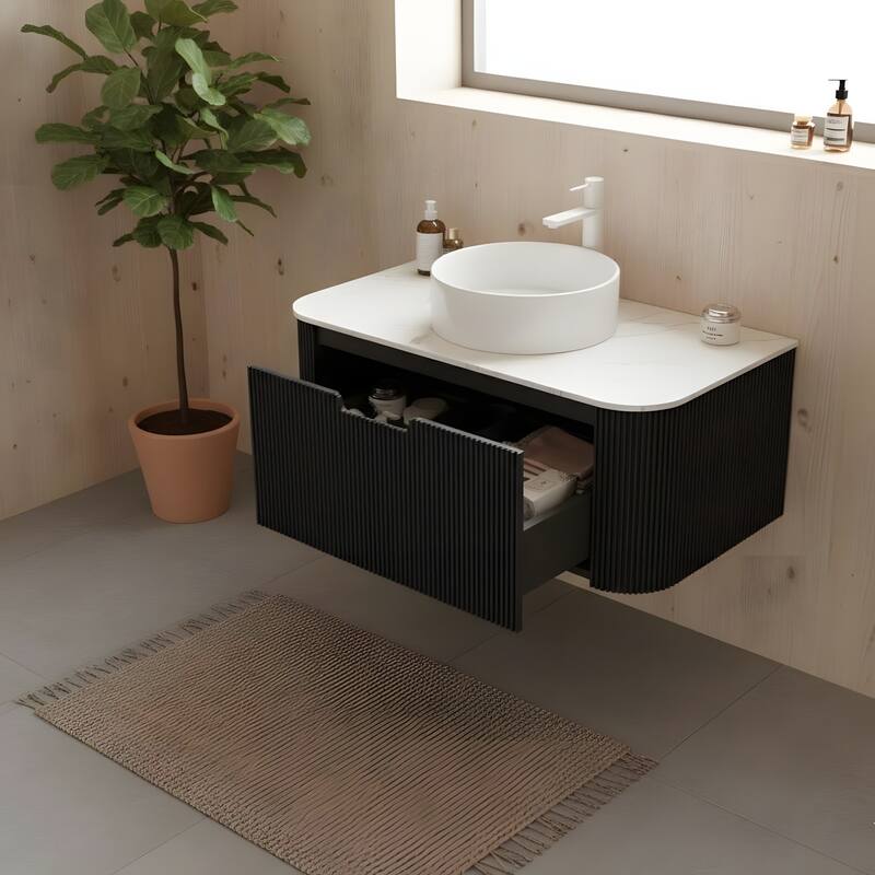 Wall Mounted Bathroom with White Round Ceramic Basin and Drawer