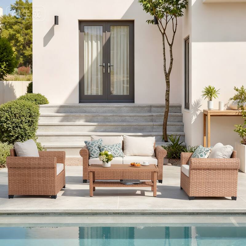 Outdoor PE Rattan Sofa and Coffee Table Set of 4 - Beige