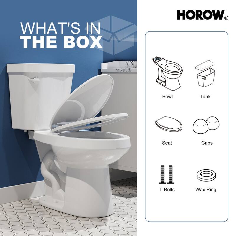 HOROW 2 Piece ADA Height Single Flush Elongated Toilet White 1.28 GPF Strong Flush Soft Close Seat - 17 Inch