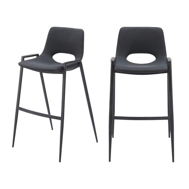 Set of Two 30" Black Faux Leather And Steel Low Back Bar Height Bar Chairs