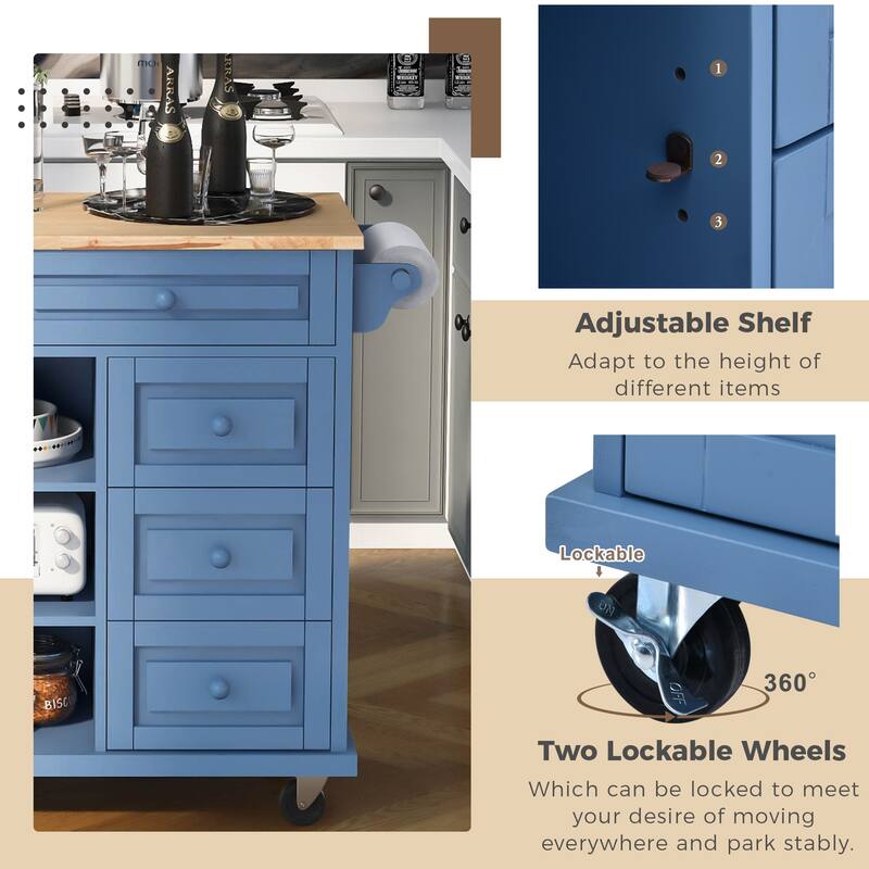 Roomfitters Kitchen Cart with Rubber wood Desktop - Rolling Mobile Kitchen Island with Storage and 5 Drawers, 53 Inch Length