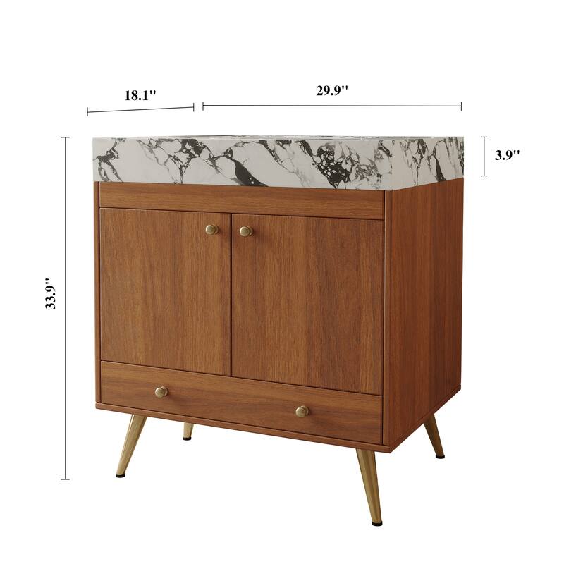 Mid-Century 30" Freestanding Bathroom Vanity with Faux Marble Top, Ceramic Sink & Gold Legs Cabinet