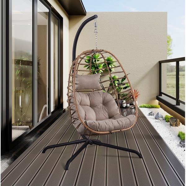 Foldable Wicker Hanging Egg Chair with Stand