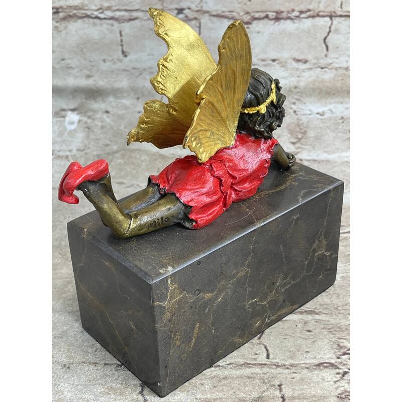 Colorful Resting Fairy Girl Child Bronze Metal Figurine Sculpture On Marble Base