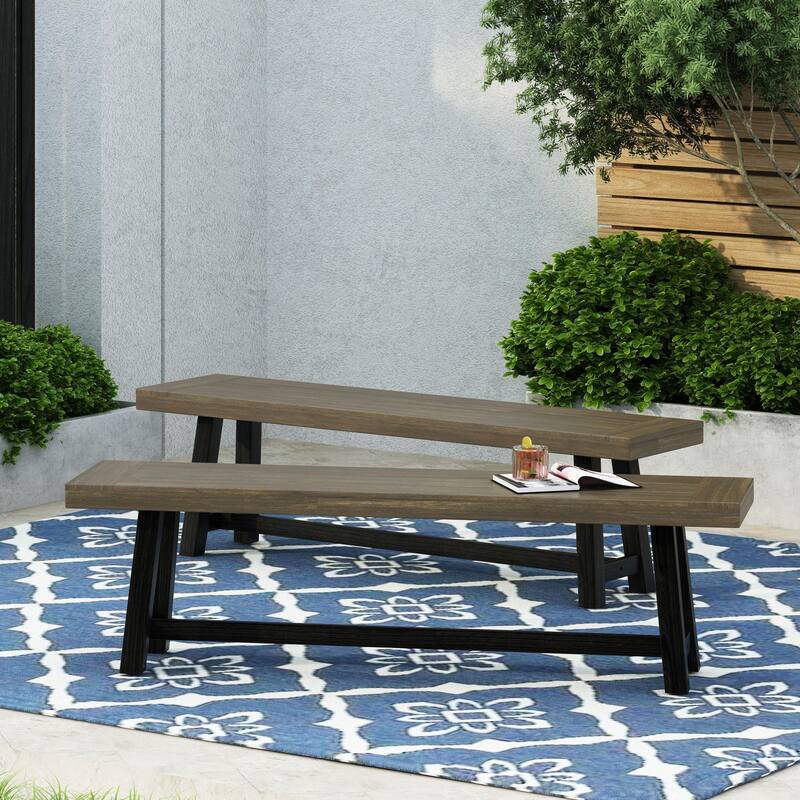 Roomfitters Outdoor Acacia Wood Dining Benches with H-Stretcher Base, Rustic Farmhouse, Set of 2