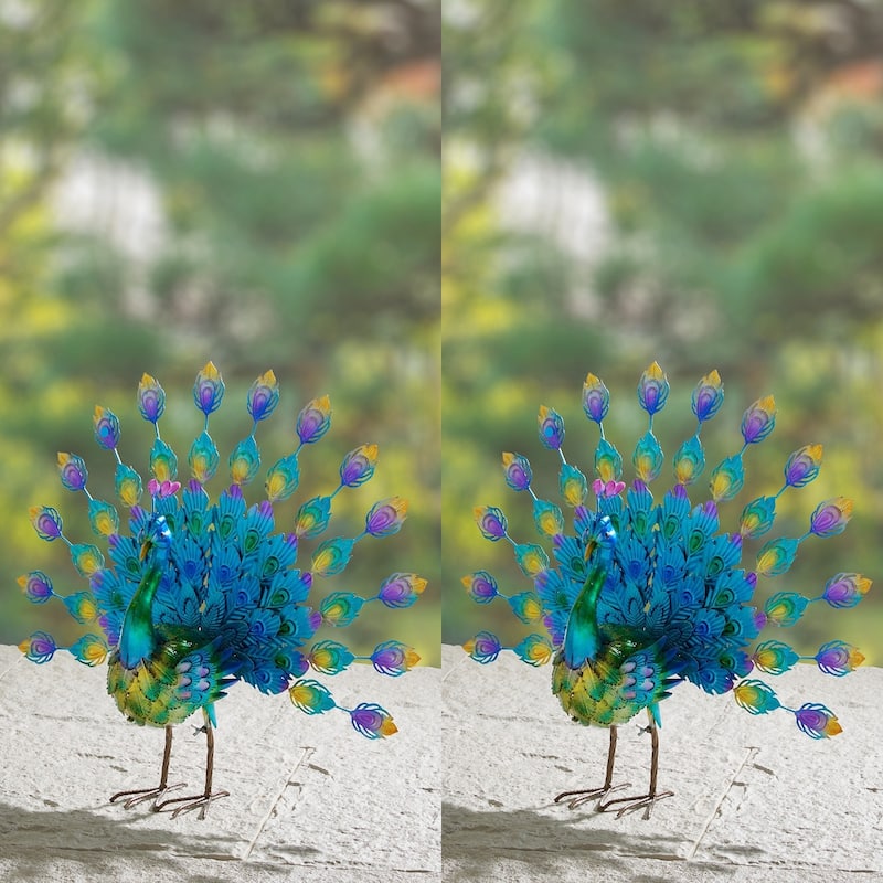Glitzhome Metal Standing Peacock Garden Statue with Stakes for Indoor Outdoor - Set of 2-Tail Spread