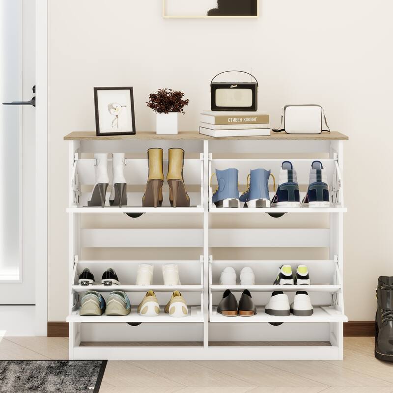 Shoe Storage Cabinet with 4 Flip Drawers, Freestanding Shoe Cabinet Organizer with Adjustable Shelf, Shoe Cabinet for En