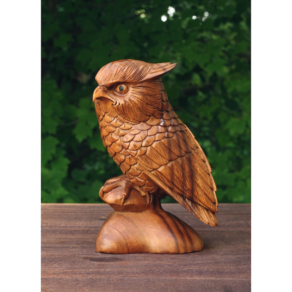 8" Wooden Handmade Owl Statue Handcrafted Figurine Art Home Decor Sculpture Wood Hand Carved Decorative Accent Decoration
