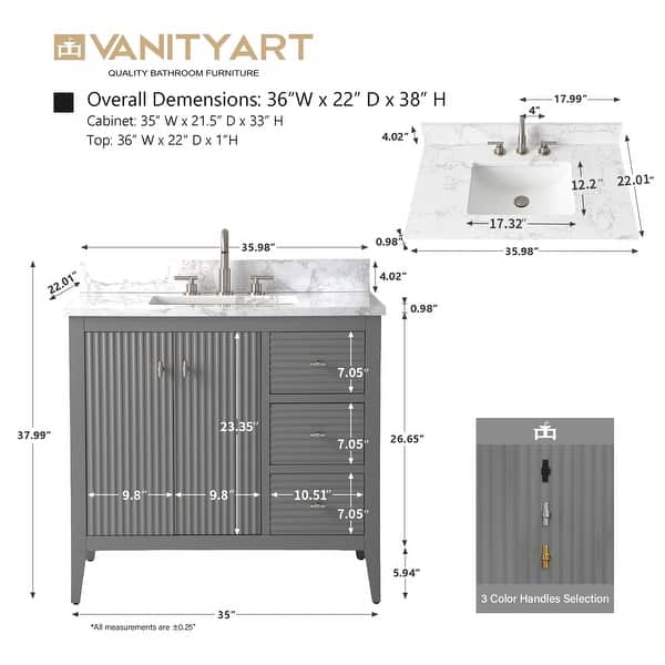dimension image slide 4 of 10, Vanity Art 36" Single Sink Bathroom Vanity Cabinet with Engineered Marble Countertop