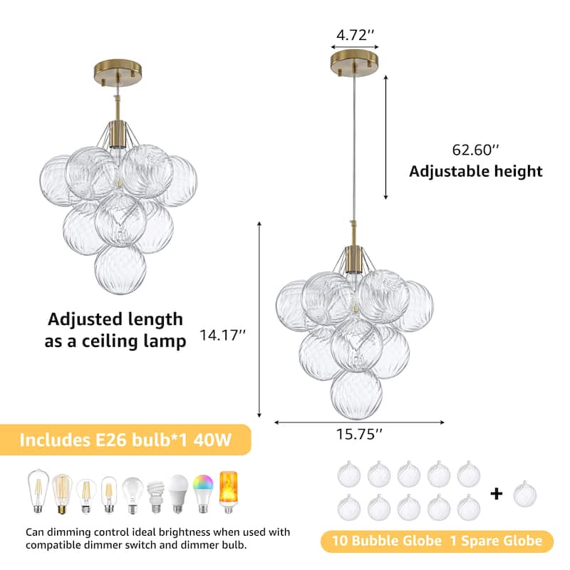 Starsky 1-Light 15in. Contemporary Clear Swirled Glass Bubble Cluster Chandelier