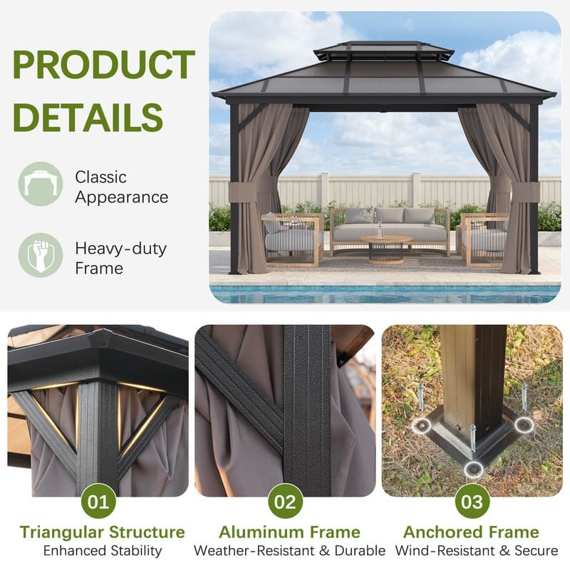 Hardtop Gazebo for Backyard – Permanent Pergola with Netting, Curtains & Double Roof, All-Weather Outdoor Shelter