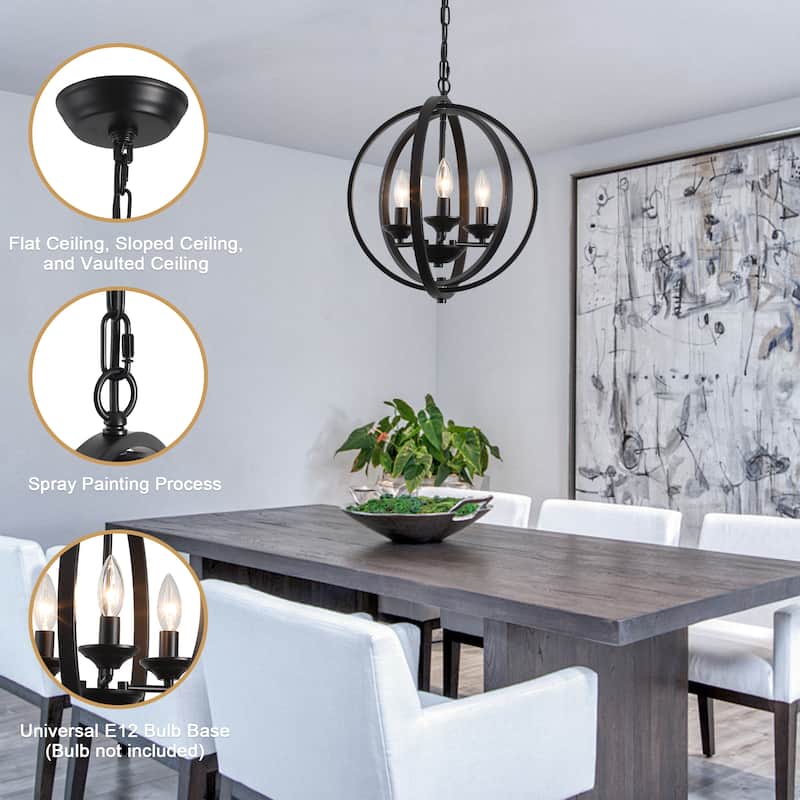3 - Light Industrial Metal Orb Hanging Chandelier with Adjustable Chain