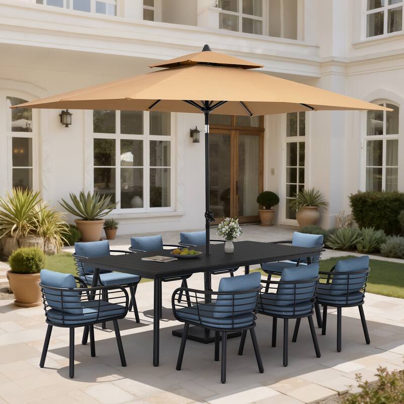 11PC Outdoor Patio Dining Set Aluminum Table with Sunbrella Cushion Chairs w/ Market Umbrella Sets - BlackTable&SdmChairs&TanUmbrella