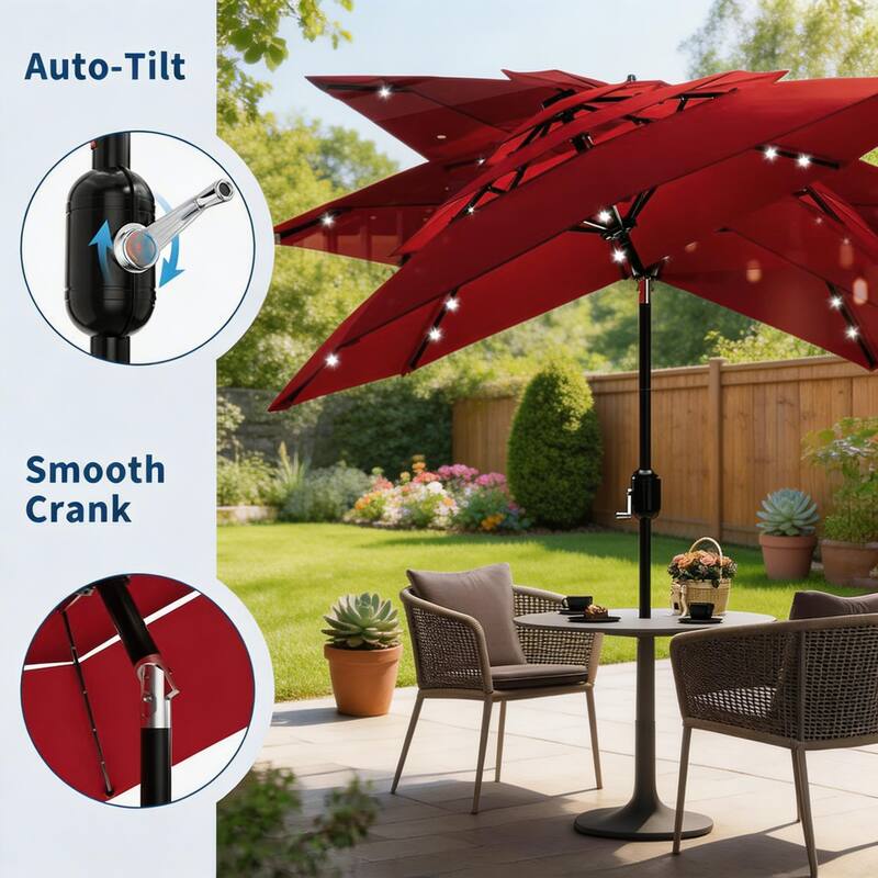 3-Tier Solar Patio Umbrella, with LED Lights and Vents