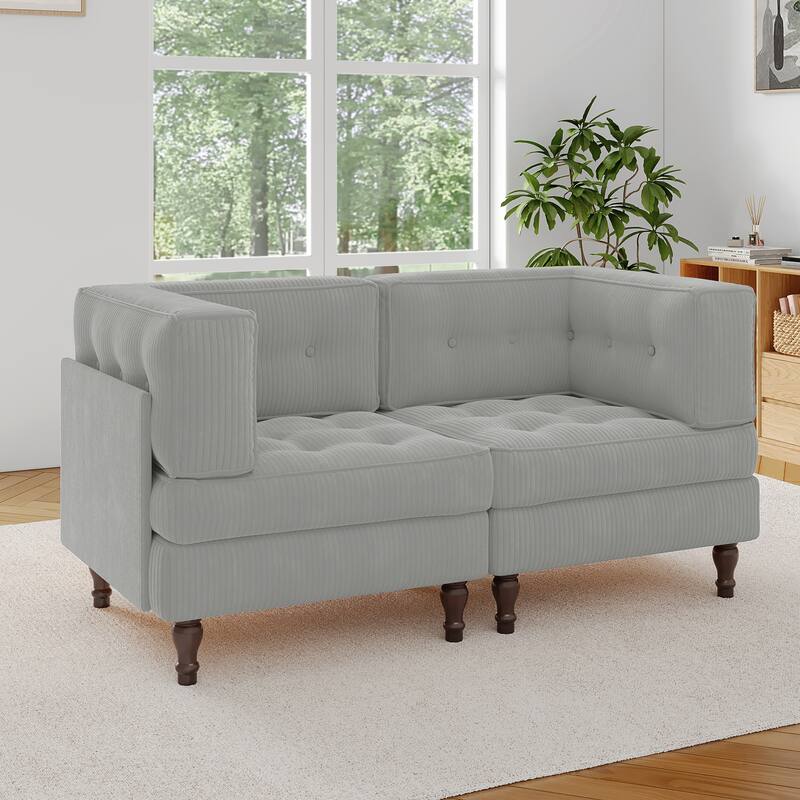 Modular Corduroy Corner Sectional Sofa Couch Set with Tufted Cushion - Light Grey
