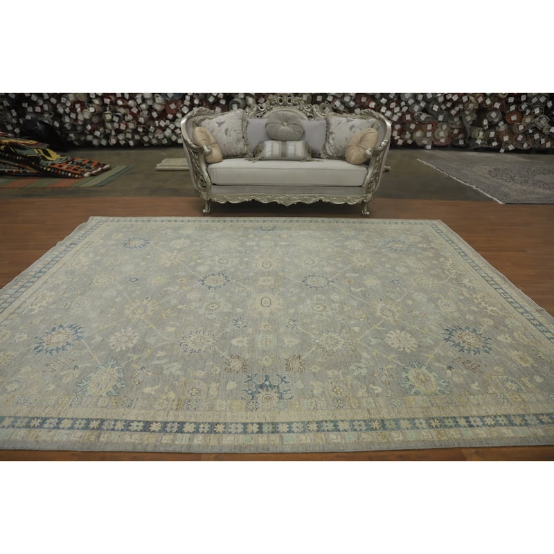 Handmade Gray Oushak Vegetable Dye Area Rug, Floral Geometric Carpet - 11' 8'' X 9' 0''