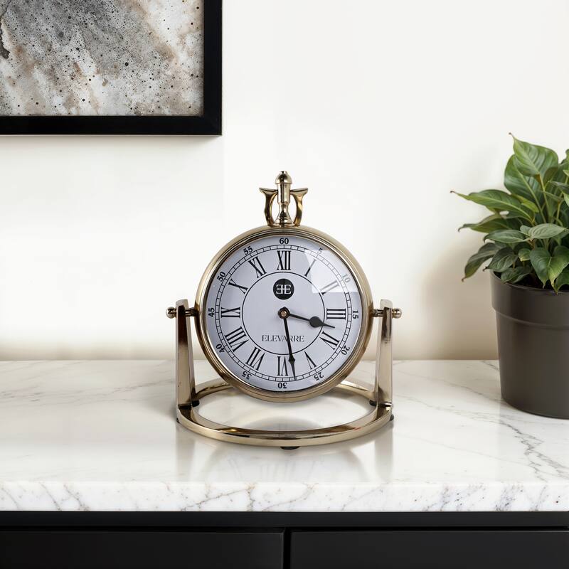 Metal Glass Desk Clock Roman Numerals Silent Movement and Pivot Stand - 9" x 9" x 10" - Ivory/ Tan