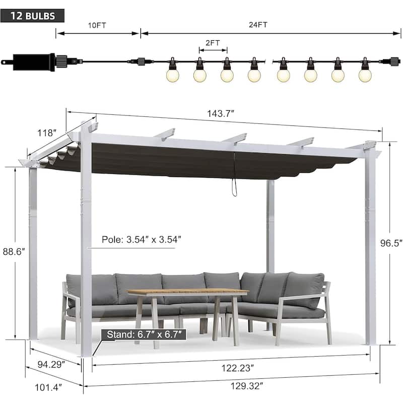 PURPLE LEAF Gazebo White Aluminium Outdoor Retractable Pergola with Canopy Cover