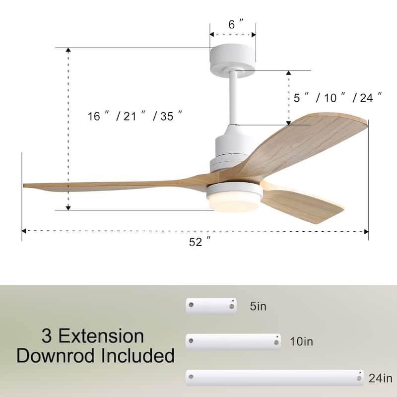 52" Solid Wood Noiseless 3-Blade Ceiling Fans with Dimmable LED Light Optional and Remote, 6-Speed Reversible DC Motor