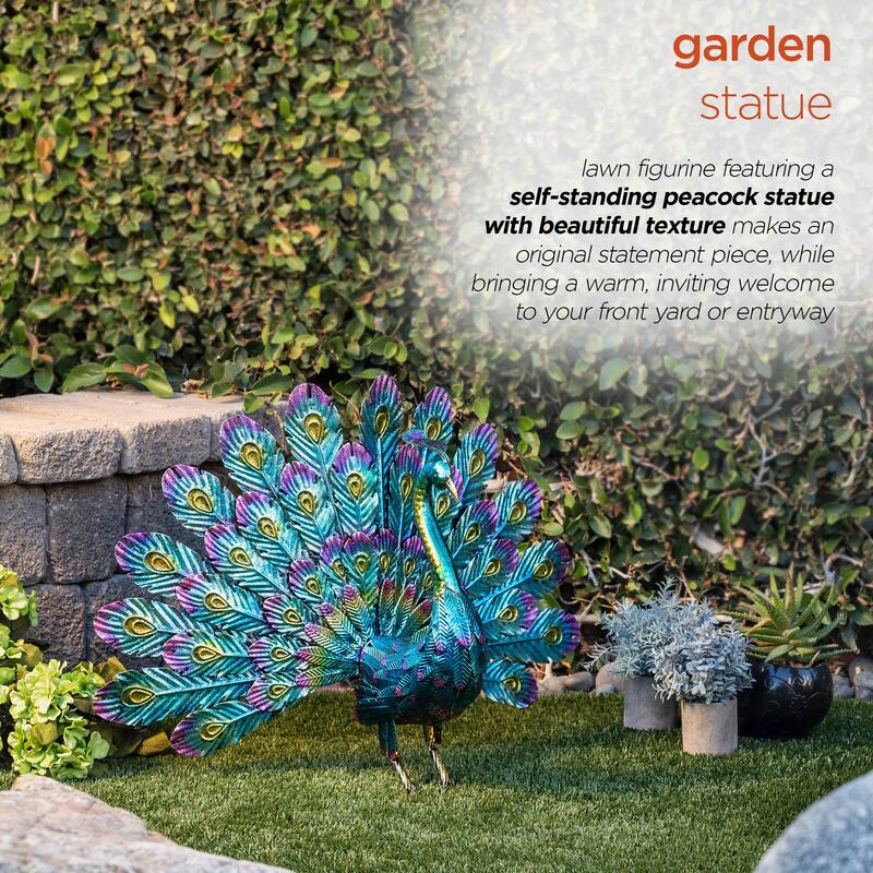 Alpine Corporation 23" Tall Outdoor Metallic Peacock Tail Spread Yard Statue Decoration, Multicolor