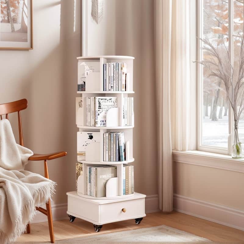 Rotating Bookshelf with Drawer,360 Display 5 Tier Bookshelf,Floor Standing Bookcase Storage Rack,Narrow Book Shelf Organizer - White