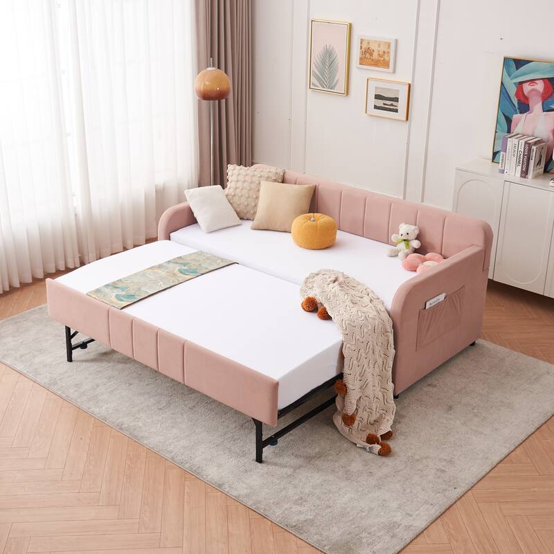 Twin Size Velvet Upholstered Daybed, Wood Sofa Bed Frame Daybed Couch with Trundle Bed and Wood Slat